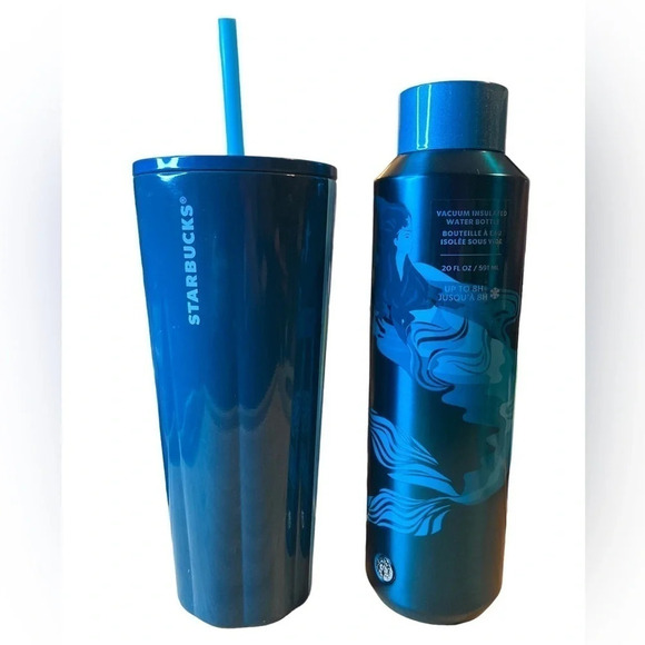 STARBUCKS Metal Venti 2-Color & Matching Mermaid Vac Insulated Water Bottle NWT - Picture 3 of 9